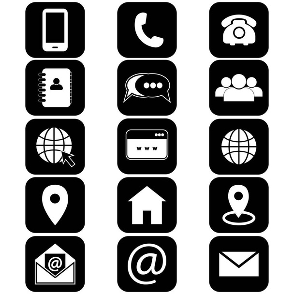 Contattaci icone. Icone vettoriali semplici impostate su sfondo bianco. Telefono, smartphone, e-mail, posizione, casa, globo, indirizzo, chat
. - Vettoriali, immagini