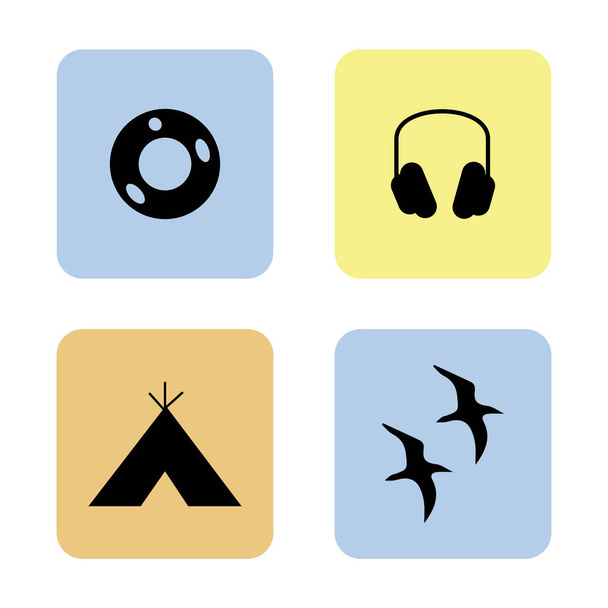 4 farbige Sommersymbole im Hintergrund: Rettungsring, Kopfhörer, Zelt, Möwen Vögel - Vektor, Bild