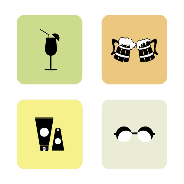 4 barevné pozadí letní ikony: sklenice šampaňského, dvě piva, opalovací krém, sluneční brýle - Vektor, obrázek