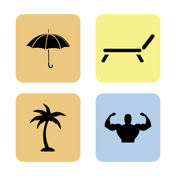 4 кольорові літні іконки тла: парасолька, сонячне ліжко, пальма, тренувальний силует
 - Вектор, зображення