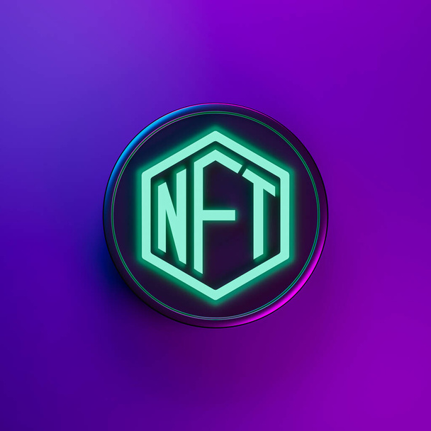 NFT σήμα με ολογραφικό υπόβαθρο, 3D εικονογράφηση - Φωτογραφία, εικόνα