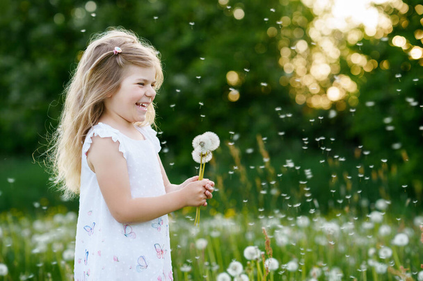 Чарівна мила маленька дівчинка дошкільного віку дме на квітку кульбаби на природі влітку. Щасливий здоровий красивий малюк дитина з м'ячем, розважається. Яскраве світло захід сонця, активна дитина
. - Фото, зображення