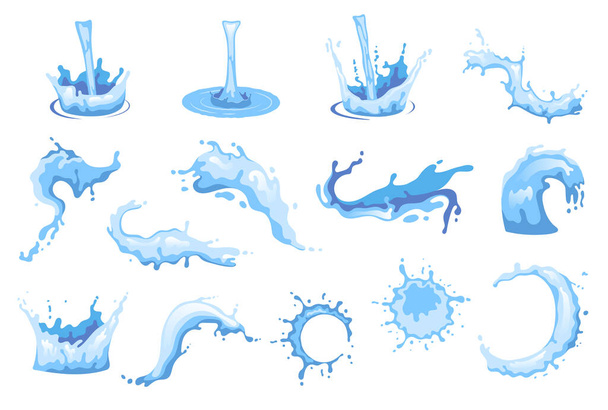 Giet water spatten en druppels platte pictogrammen set geïsoleerde vector illustratie - Vector, afbeelding