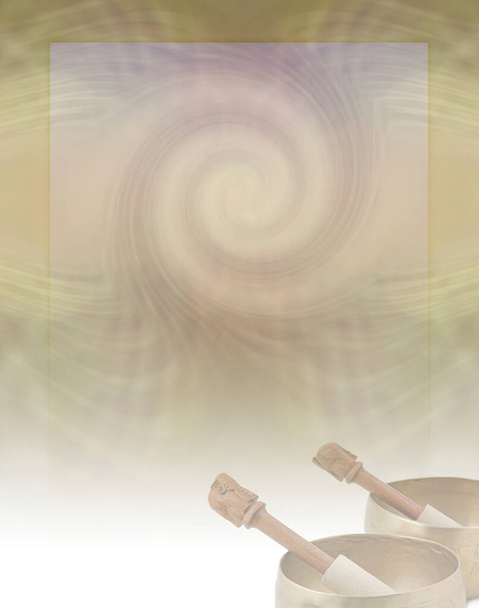 Holistic Spiritual Sound Therapy Award Diploma Certificado Plantilla de fondo - Fondo de matriz espiral dorada que se desvanece a blanco con dos cuencos tibetanos cantando en la esquina inferior derecha con espacio para copiar arriba - Foto, imagen