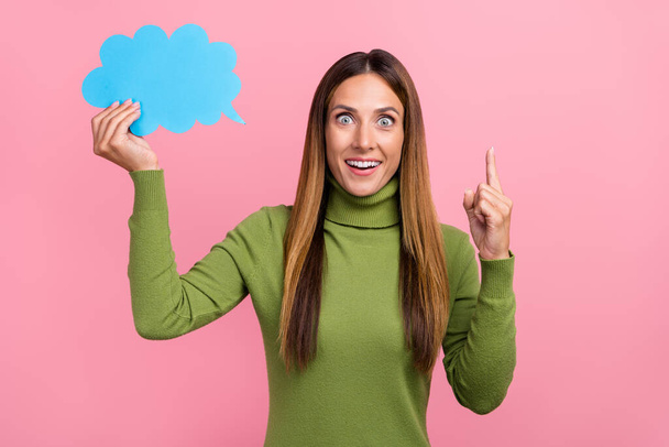 Photo of shocked surprised lady hold paper bubble cloud imagine great plan isolated pastel color background - Fotografie, Obrázek