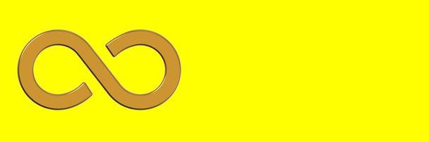 El signo del infinito es dorado, aislado sobre un fondo amarillo. Símbolo del infinito. Banner para la inserción en el sitio. Lugar para el espacio de texto hacer frente. Imagen horizontal. Imagen 3D. Renderizado 3D. - Foto, imagen