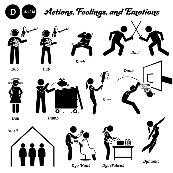 Stick figure human people man action, feelings, and emotions icons alphabet D. Dub, duck, duel, dull, dump, dust, dunk, dwell, dye hair, dye fabric, and dynamic.  - Vector, Image