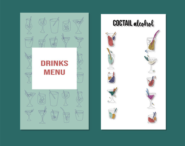 カフェやバーの抽象シンボル。リニアデザインのアルコールカクテル。飲み物の異なるガラス。イラストアルコールカクテルセット - ベクター画像