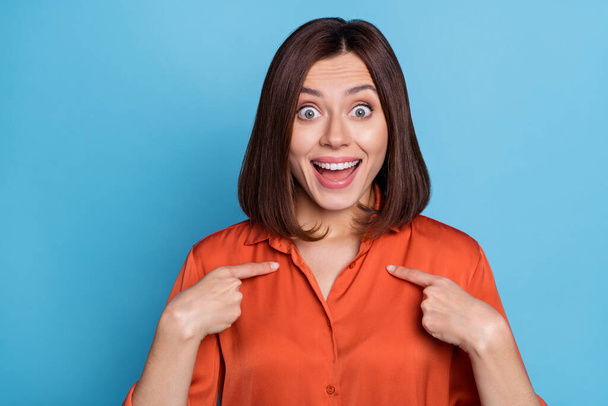Photo of young cheerful woman excited point fingers herself choice isolated over blue color background - Φωτογραφία, εικόνα