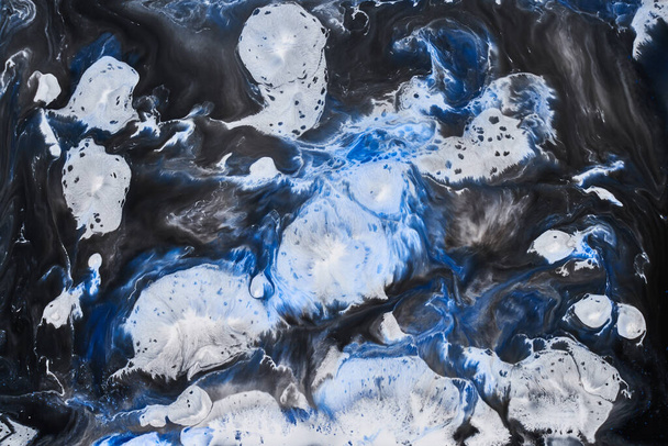 Ink abstract background, black white blue pattern of paint under water, acrylic pigment stains, splashes and streaks - Zdjęcie, obraz