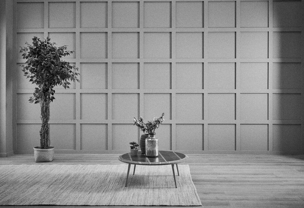 Dramatický ambiance interiér prostor koncept, židle, stůl, váza rostlin, proutěný produkt a pozadí. - Fotografie, Obrázek