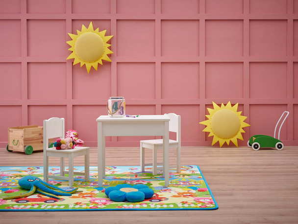 Dekorative Babyzimmer, rosa Wandhintergrund, Babymatte und Teppichdesign, Kindermöbel, Objekt, Spielzeug, Hängestil. - Foto, Bild