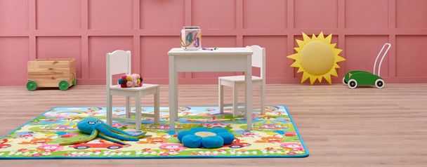 Dekoratív baba szoba, rózsaszín fal háttér, baba szőnyeg és szőnyeg design, gyermek bútorok, tárgy, játék, lógó stílus. - Fotó, kép