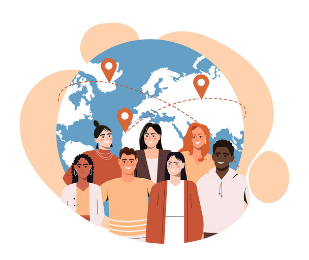 Concept of international migration. Resettlement of population. People of different nationalities moving to other countries. Globe with continents and borders. Cartoon flat vector illustration. - Vector, Image