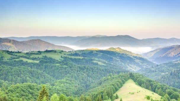 Wonderful summer forest at sun mountain range. Nobody nature landscape at fall season. Carpathian village on mount valley. Sunrise rays through fog and clouds. Country rest on the Synevyr Pass - Filmagem, Vídeo
