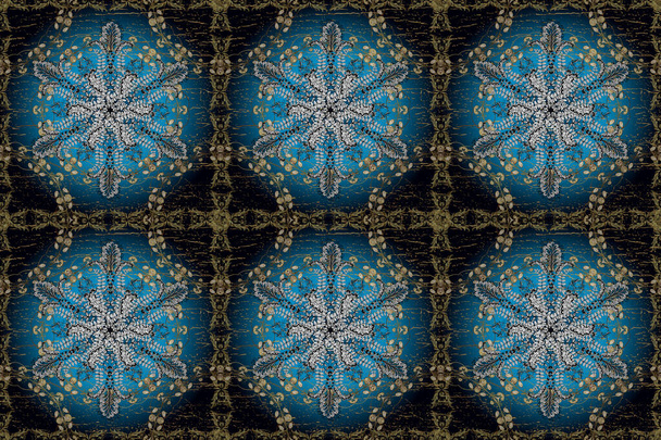 Golden floral ornament in baroque style. Damask seamless pattern repeating background. Golden element on white, blue and black colors. Antique golden repeatable wallpaper. - Foto, Bild