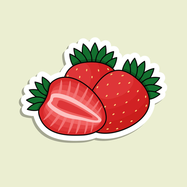 Sticker vectoriel fraise colorée. Baies isolées rouge dessin animé avec contour blanc sur fond vert clair - Vecteur, image