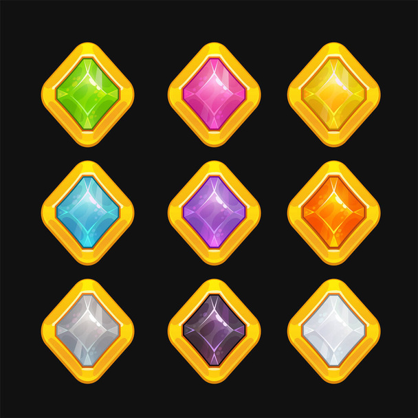 Multicolored crystal assets for game design. Shiny gemstone GUI elements. Cartoon gems in gold frames. Ruby, emerald, diamond, brilliant buttons. Fantasy amulets, vector icons. - Вектор, зображення