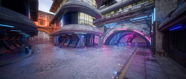 Futurista cyberpunk esquina de la ciudad por la noche con luces de neón. Renderizado 3D realista de fotos. - Foto, imagen