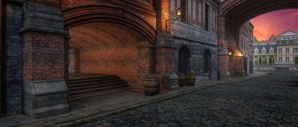 Παλιά Βικτωριανή πόλη δρόμο στο φως το βράδυ. Έννοια περιβάλλοντος Steampunk 3D απόδοση. - Φωτογραφία, εικόνα