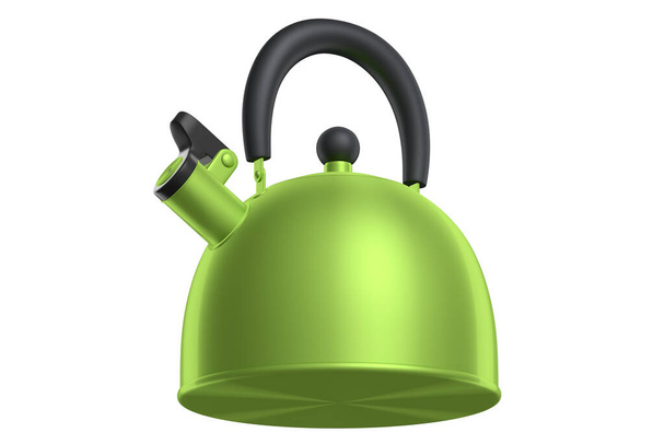 Stainless steel stovetop kettle with whistle isolated on white background. 3d render of home kitchen tools and utensil like teapot - Φωτογραφία, εικόνα