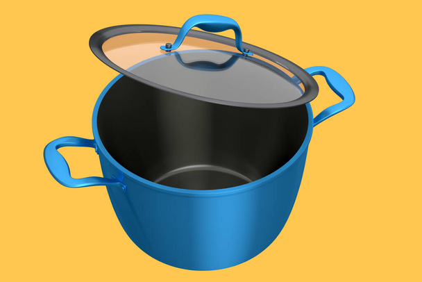 Stainless steel stewpot and chrome plated aluminum cookware on yellow background. 3d render of non-stick kitchen utensils - Valokuva, kuva