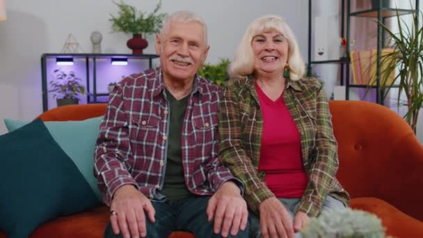 Heureux vieux couple de personnes âgées âgées drôle riant, souriant en regardant la caméra, en bonne santé retraité deux grands-parents mari femme. Grand-mère grand-père embrassant assis sur le canapé à la maison, portrait - Séquence, vidéo
