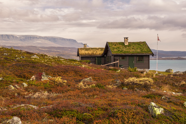 Cabine met gras dak in de buurt van Hardangervidda Nationaal Park, Buskerud - Foto, afbeelding