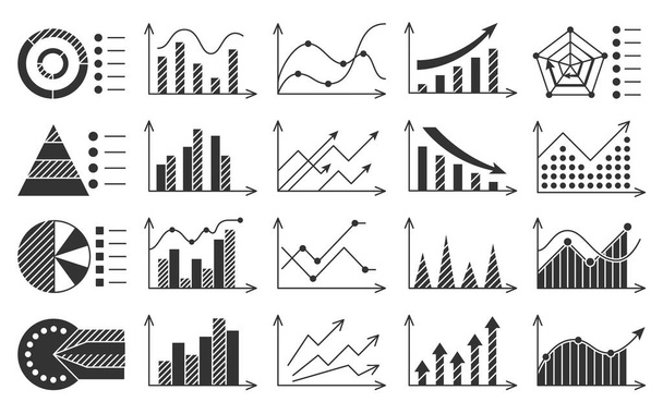 Infographic element business chart black glyph set. Object workflow presentation business personal team career growth. Finance stock concept success rating scale arrow stage growth fall isolated - Wektor, obraz