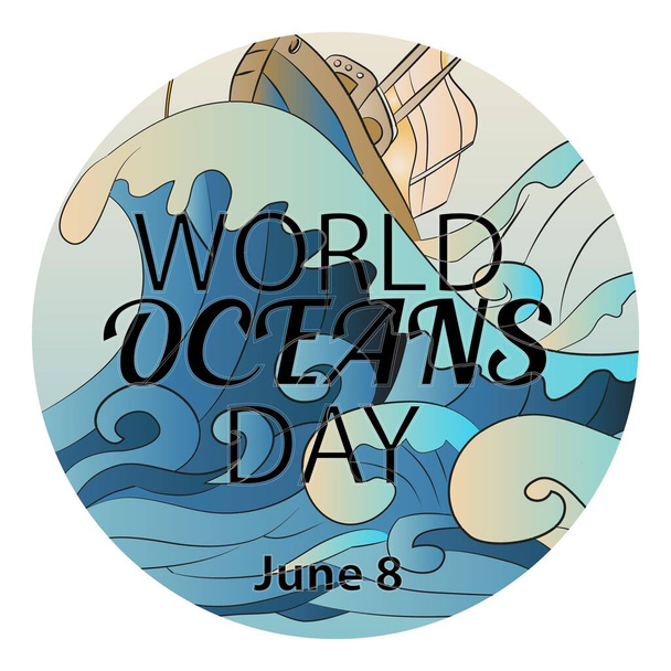 Векторная иллюстрация и знак Всемирного дня океанов - Вектор,изображение