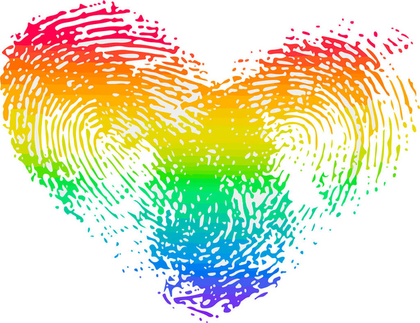   Impressões digitais em forma de coração de cor arco-íris no fundo branco, conceito significa a comunidade LGBT ajudando com definições de orientação sexual e identidade de gênero - Vetor, Imagem