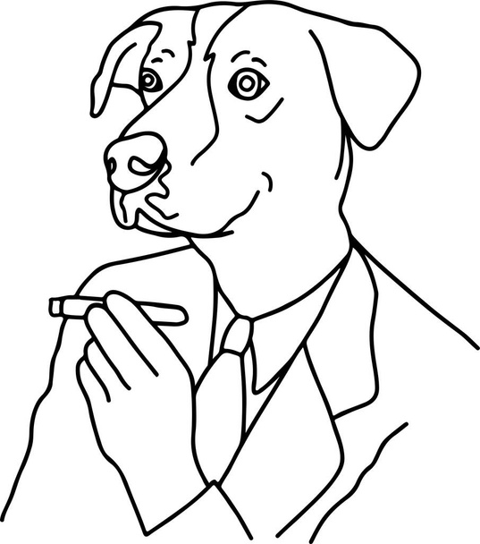  スーツに身を包んだ可愛い犬のスケッチ風イラストとシガー、ペットのコンセプト - ベクター画像