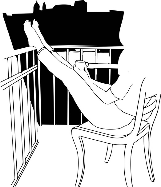   コーヒーを飲みながらバルコニーに座っている女性のシルエットは - ベクター画像