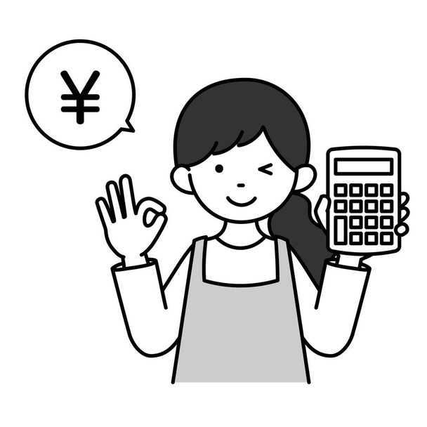 Монохромна ілюстрація домогосподарки, що тримає калькулятор і підписує дані OK.Vector для легкого редагування. - Вектор, зображення