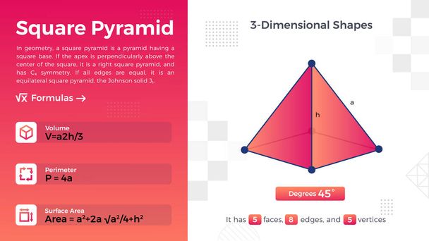 Representação 2D e propriedades do projeto vetorial da pirâmide quadrada  - Vetor, Imagem