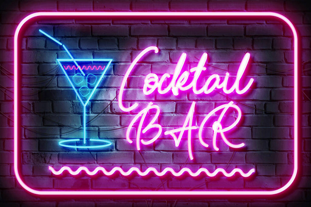 Neon Bar koktajlowy Zarejestruj się na ciemnej ścianie z cegły - Zdjęcie, obraz
