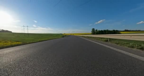 Frühlingsausflug mit dem Auto um blühende Felder und Bäume. Landschaft von der Kamera auf fahrendes Fahrzeug. Tschechien - Filmmaterial, Video