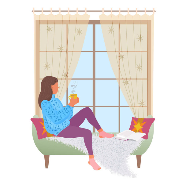 女の子は熱い飲み物を飲みながら窓のそばに座っている。白い背景のベクトル分離イラスト - ベクター画像