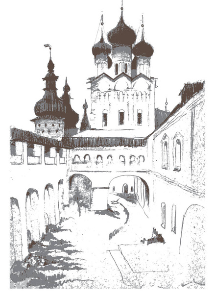 Landschap met architectonisch ensemble van het Rostov Kremlin, Rusland. Monochrome potloodtekening, vector getraceerd - Vector, afbeelding