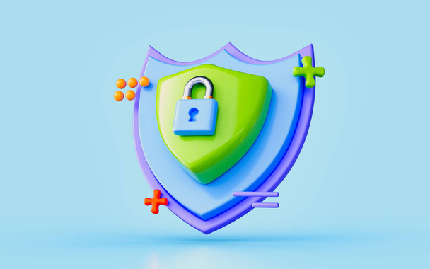 zabezpečení štít zámek 3D ilustrace online platba kreativní ochrana bezpečný virus útok malware - Fotografie, Obrázek