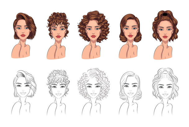 Ensemble vectoriel de coupes de cheveux femme aux couleurs tendance, vue de face - Vecteur, image