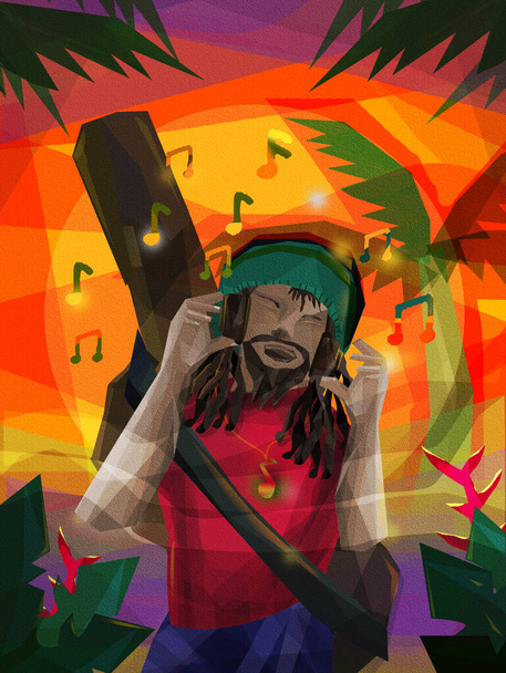 Un músico rastafari escuchando música desde sus auriculares. Arte digital. - Foto, imagen