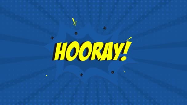 A comic strip cartoon animation, with the word Hooray appearing. Blue and halftone background, star shape effect. 4k - Footage, Video