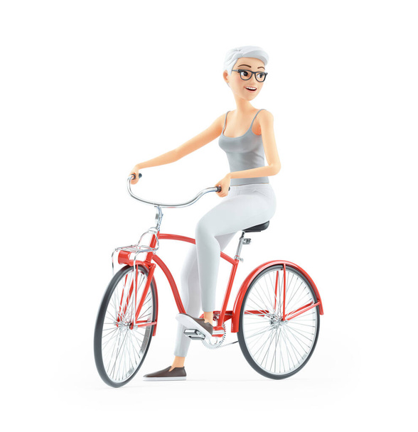 3d senior woman riding bicycle, illustration isolated on white background - Фото, изображение