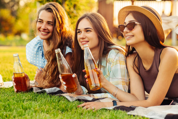 Group of smiling happy beautiful best friends sitting together on a blanket with glass bottles, drinking drinks and talking and having fun, enjoying a picnic in the park - a group of healthy friends on a picnic - Foto, Imagen
