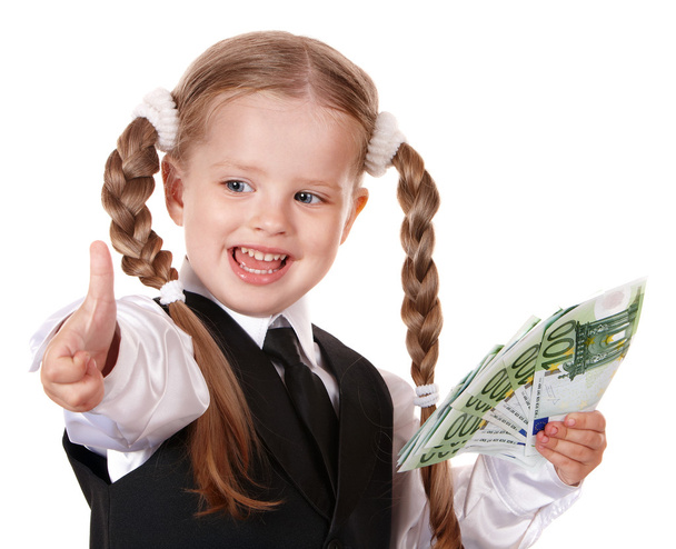 Szczęśliwa dziewczynka z pieniędzy euro. - Zdjęcie, obraz