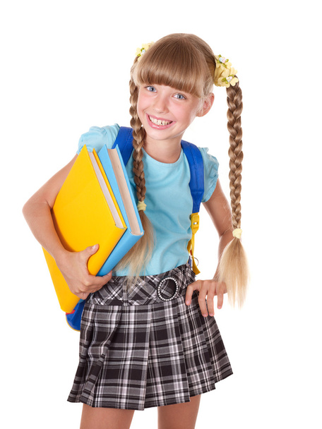 Schoolgirl with backpack holding books. - Foto, Imagem