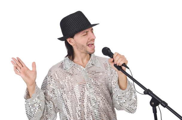 Hombre con micrófono aislado en blanco - Foto, imagen