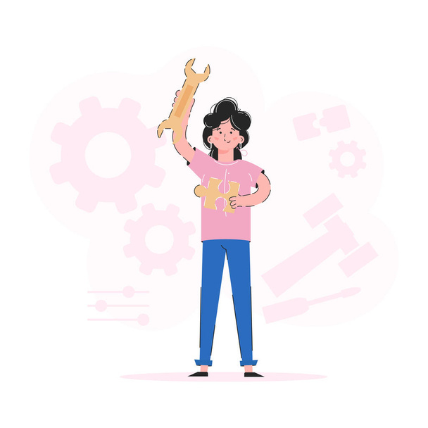 Das Mädchen hält einen Schraubenschlüssel und ein Puzzle in der Hand. Trend illustration. Gut für Apps, Präsentationen und Webseiten. Vektor. - Vektor, Bild