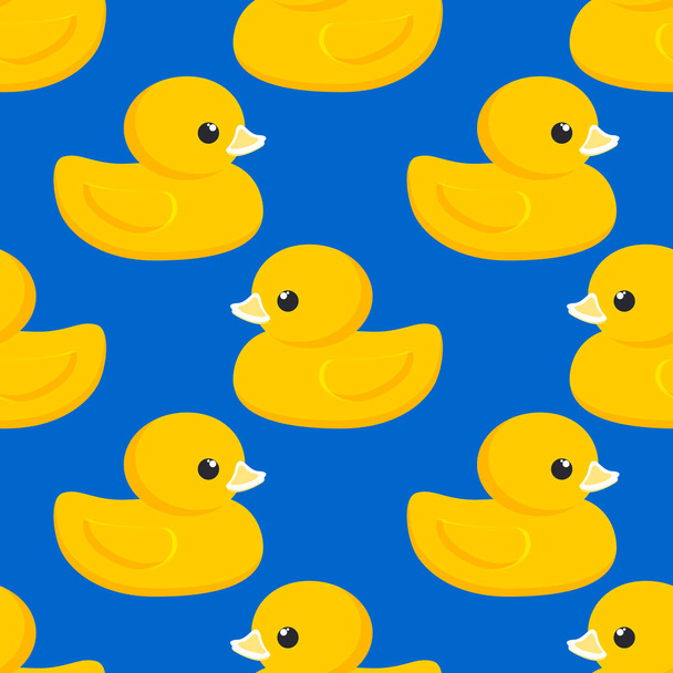 Gelbe Gummiente. Nahtlos niedliches Muster mit blauem Hintergrund für dekorative Textilien, moderne Stoffe.  - Foto, Bild